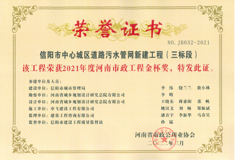 2021年度河南省市政工程金杯獎(jiǎng)
